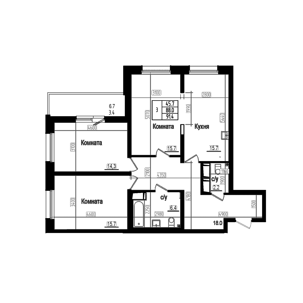 Планировка: Квартира евро-4 88 м² в ЖК «Прагма Сити»