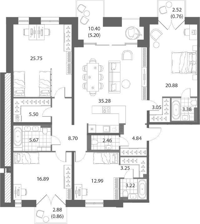 Планировка: Квартира евро-5 151,9 м² в ЖК «Нева Арт»