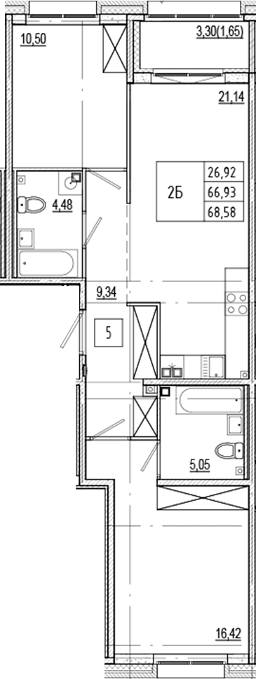 Планировка: Евротрёшка 66,9 м² в ЖК «Ranta Residence»
