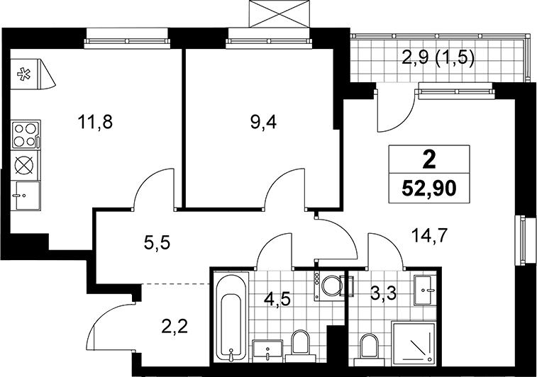 Планировка: 2-комнатная квартира 51,4 м² в ЖК «Прокшино»