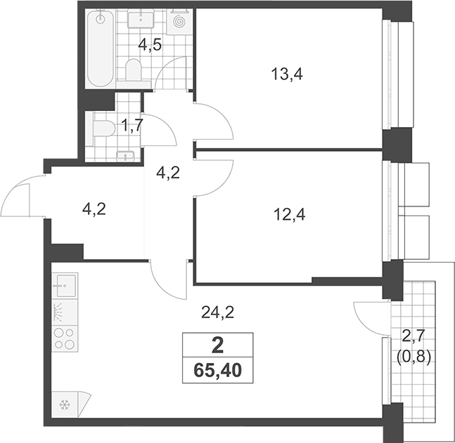 Планировка: Евротрёшка 64,6 м² в ЖК «Южные сады»