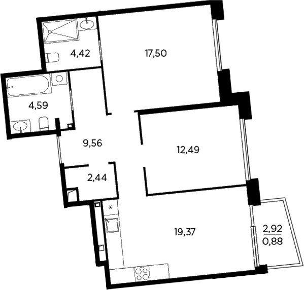 Планировка: Евротрёшка 71,4 м² в ЖК «Акватория»