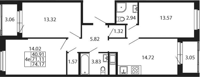 Планировка: Квартира евро-4 71,1 м² в ЖК «Полис Новоселье»