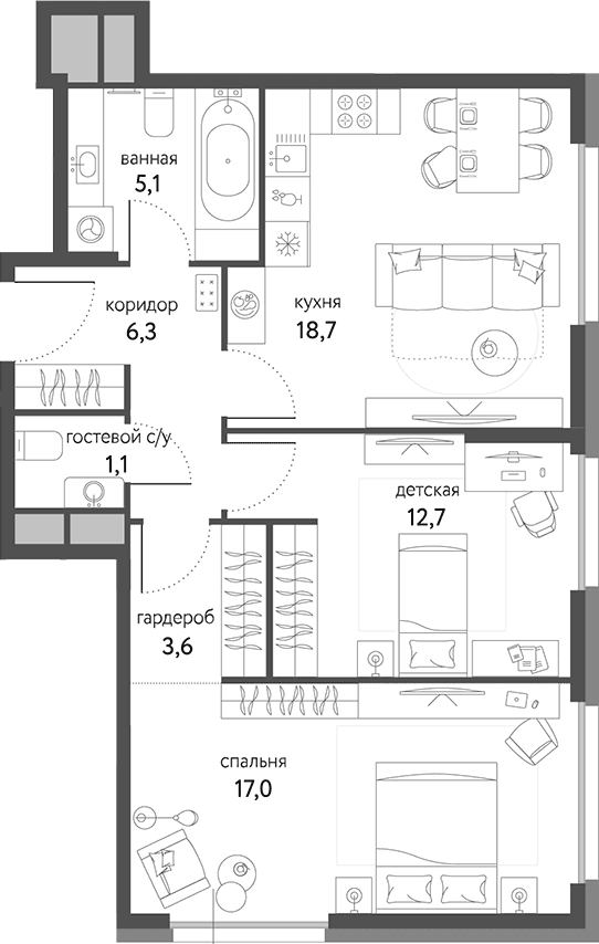 Планировка: 2-комнатная квартира 65,1 м² в ЖК «Сиреневый парк»