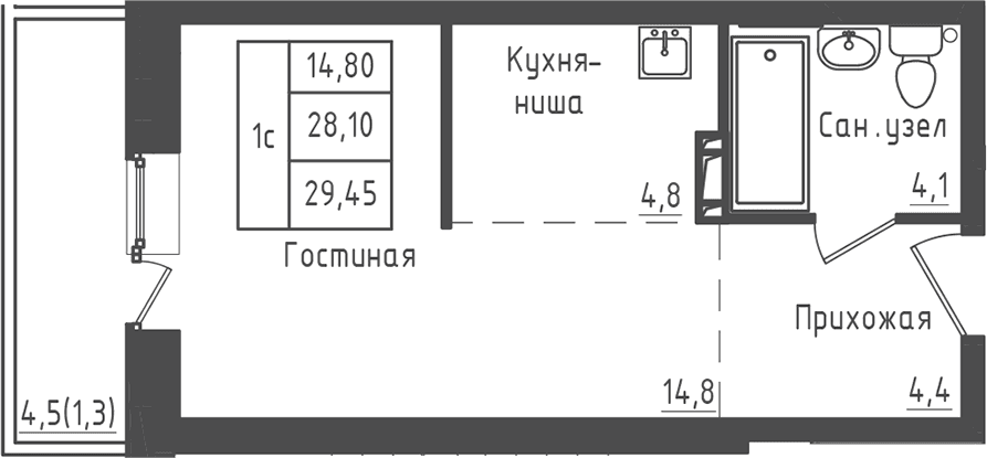 Планировка: Студия 28,1 м² в ЖК «Зеленый город»