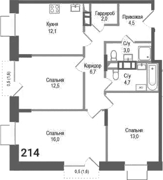 Планировка: 3-комнатная квартира 74,5 м² в ЖК «Киноквартал»