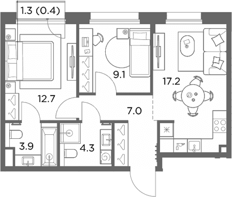 Планировка: 2-комнатная квартира 54,2 м² в ЖК «Станиславский»