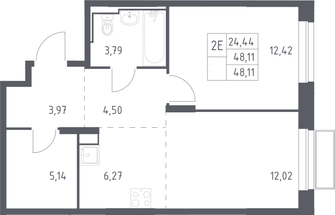 Планировка: Евродвушка 48,1 м² в ЖК «Долина Яузы»