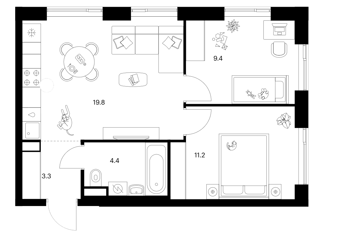 Планировка: 2-комнатная квартира 48,1 м² в ЖК «Мичуринский парк»