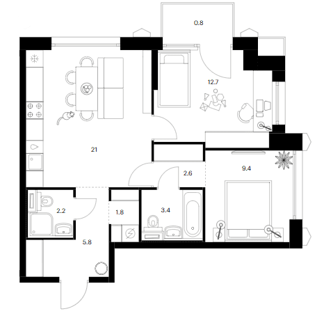 Планировка: 2-комнатная квартира 58,9 м² в ЖК «Бусиновский парк»