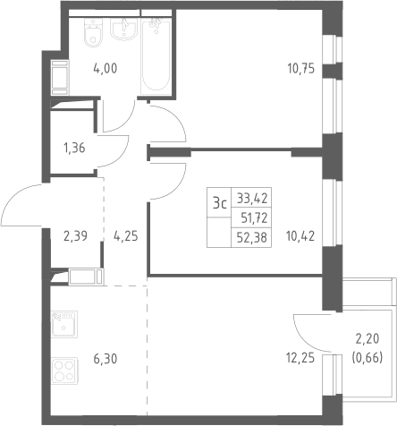 Планировка: Евротрёшка 51,7 м² в ЖК «Пятницкие Луга»
