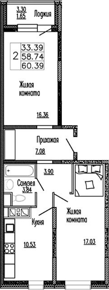 Планировка: 2-комнатная квартира 58,7 м² в ЖК «Клевер»