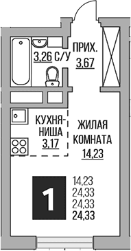Планировка: Студия 24,3 м² в ЖК «Гранель Ильинойс»