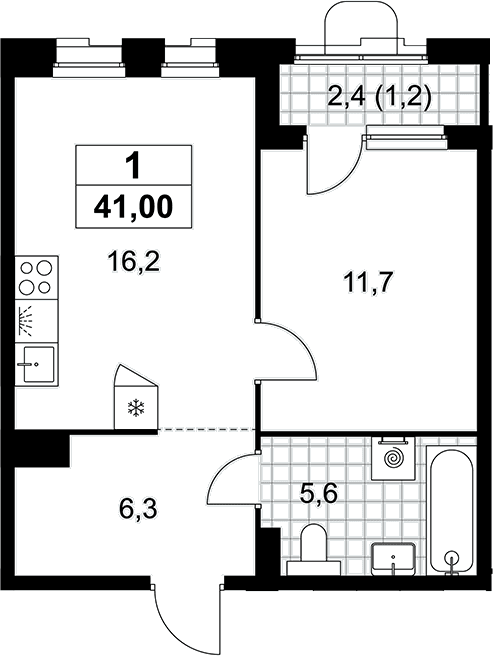 Планировка: Евродвушка 39,8 м² в ЖК «Прокшино»