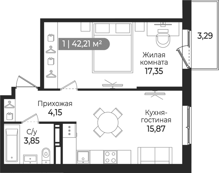 Планировка: Евродвушка 41,2 м² в ЖК «Квинта»