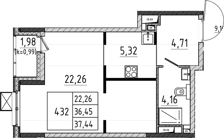 Планировка: Студия 36,5 м² в ЖК «Поварово-Молодежный-2»