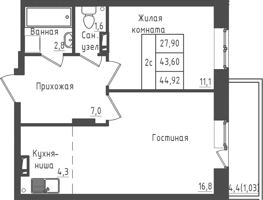 Планировка: 1-комнатная квартира 43,6 м² в ЖК «Зеленый город»