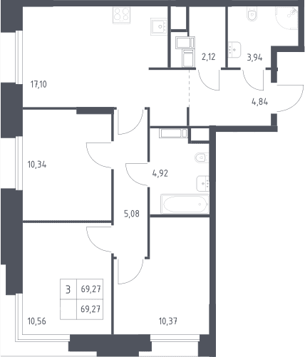 Планировка: Квартира евро-4 69,3 м² в ЖК «Тропарево Парк»