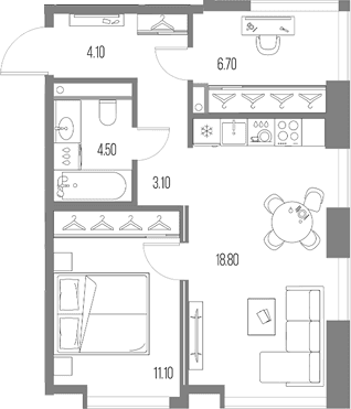 Планировка: 1-комнатная квартира 48,3 м² в ЖК «Северный Порт»