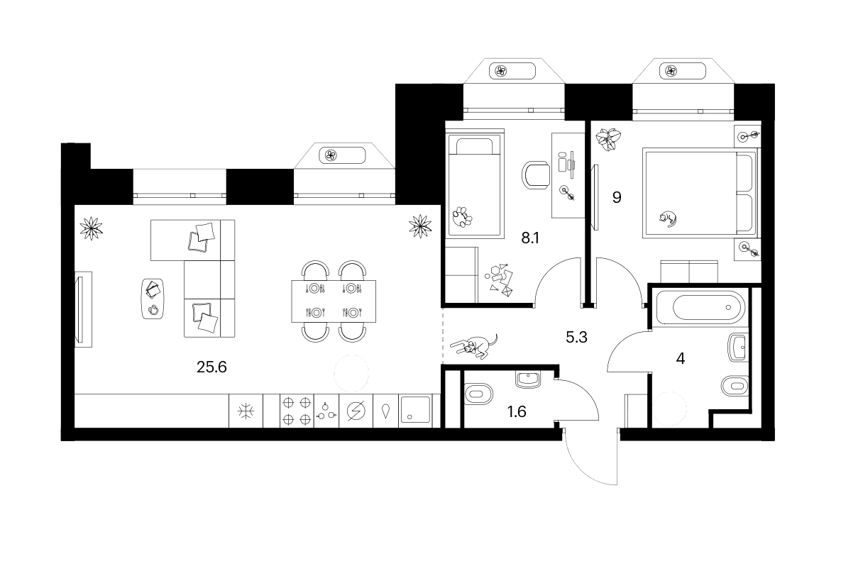 Планировка: 2-комнатная квартира 53,6 м² в ЖК «Зеленый парк»