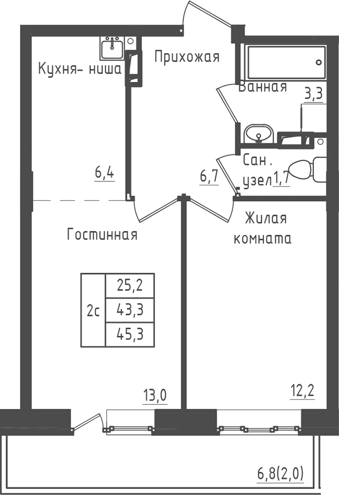 Планировка: 1-комнатная квартира 43,3 м² в ЖК «Зеленый город»