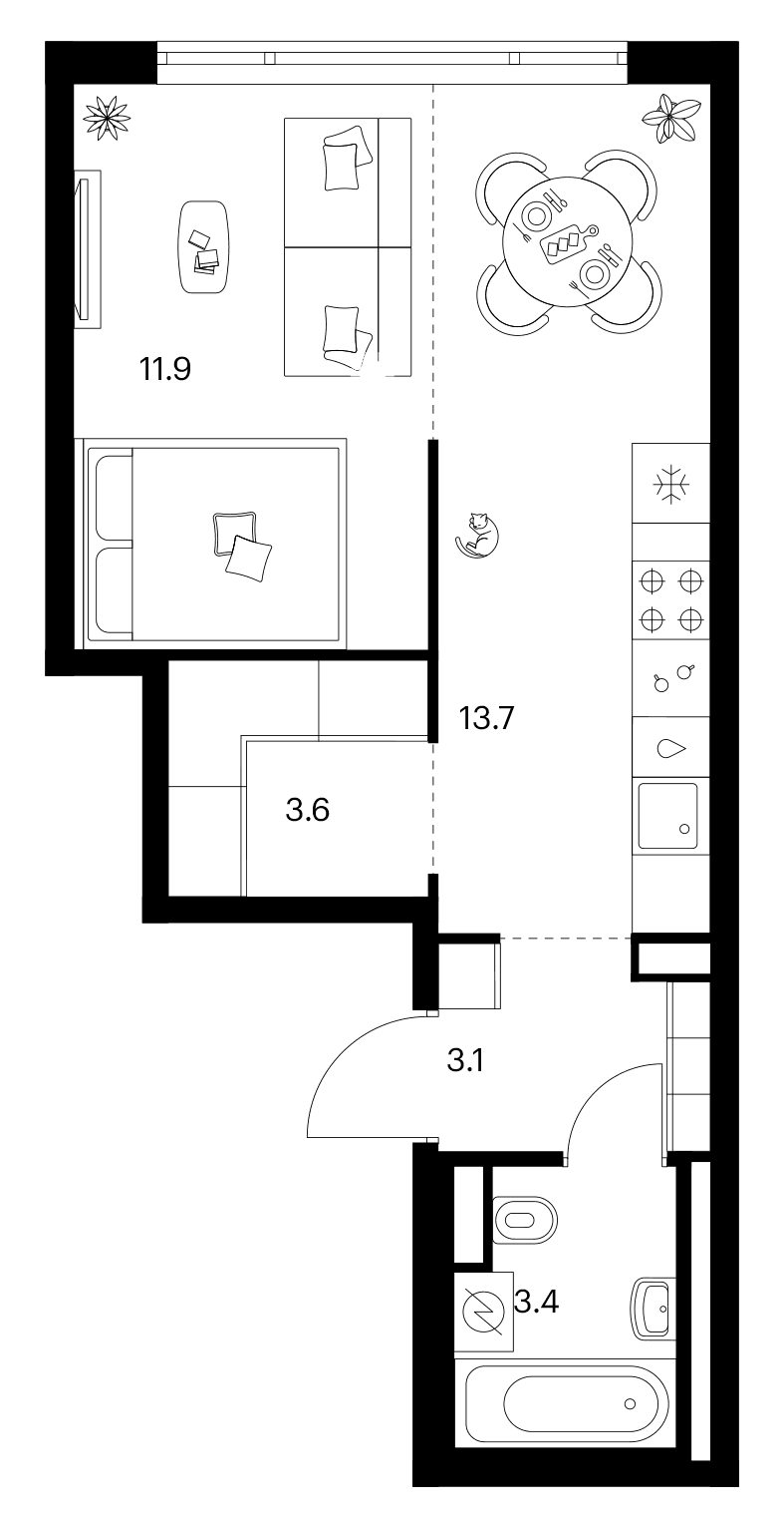 Планировка: 1-комнатная квартира 35,7 м² в ЖК «Москворечье»
