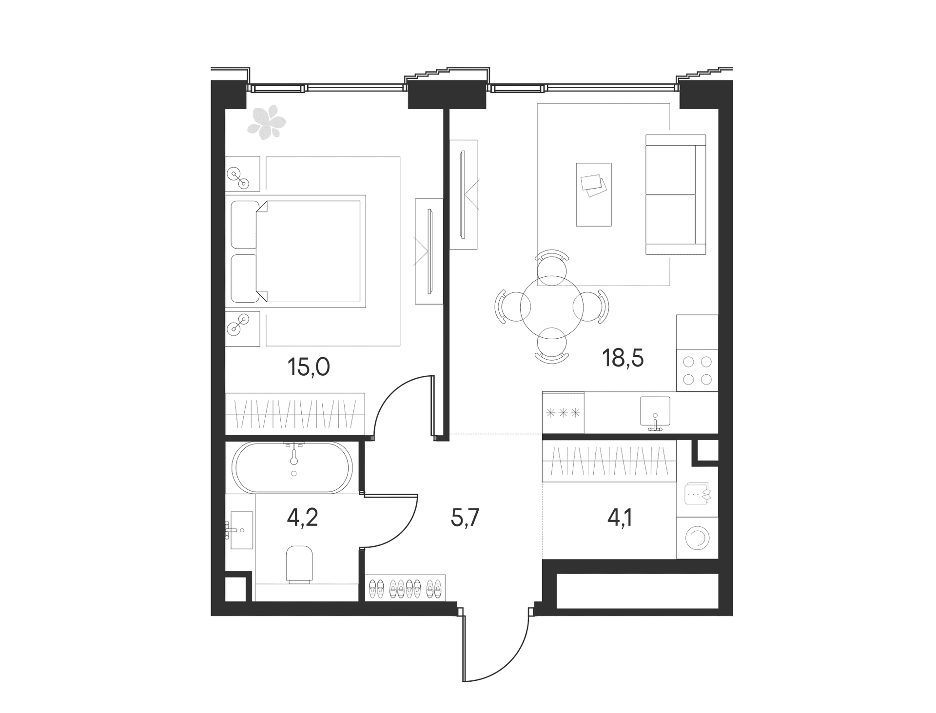Планировка: Евродвушка 47,5 м² в ЖК «Клубный город на реке Примавера»