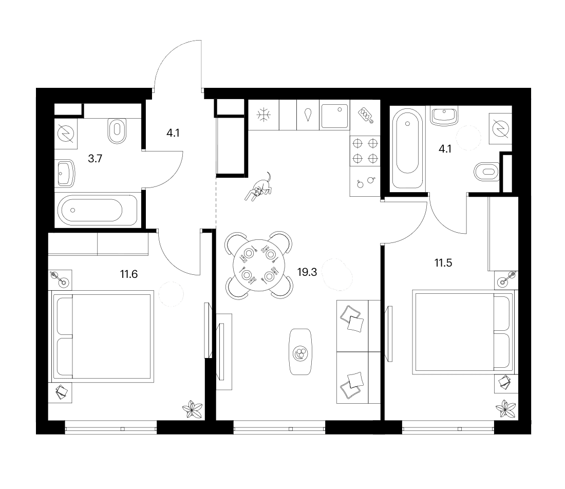 Планировка: 2-комнатная квартира 54,3 м² в ЖК «Белая Дача парк»
