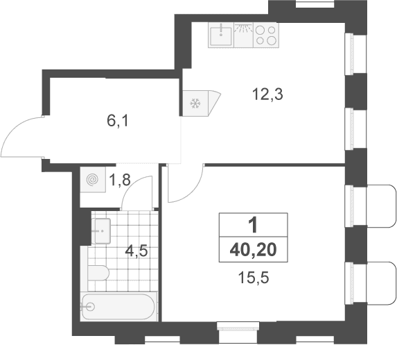 Планировка: 1-комнатная квартира 40,2 м² в ЖК «Деснаречье»