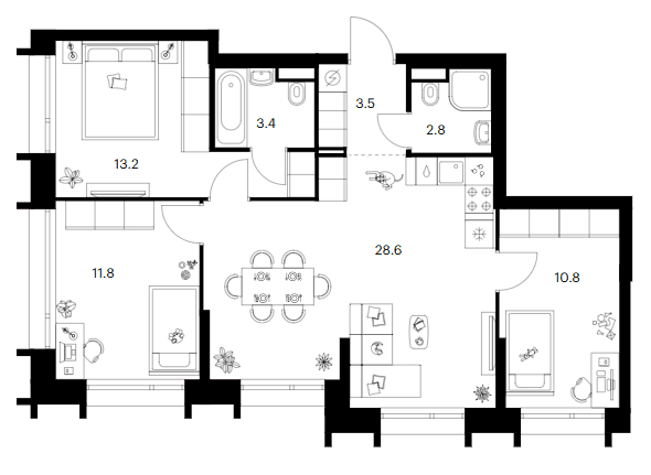 Планировка: 3-комнатная квартира 74,1 м² в ЖК «Зеленый парк»