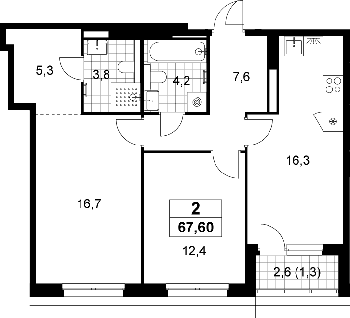 Планировка: Евротрёшка 66,3 м² в ЖК «Деснаречье»