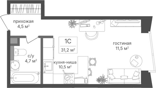 Планировка: Студия 31,2 м² в ЖК «Петровский Парк II»
