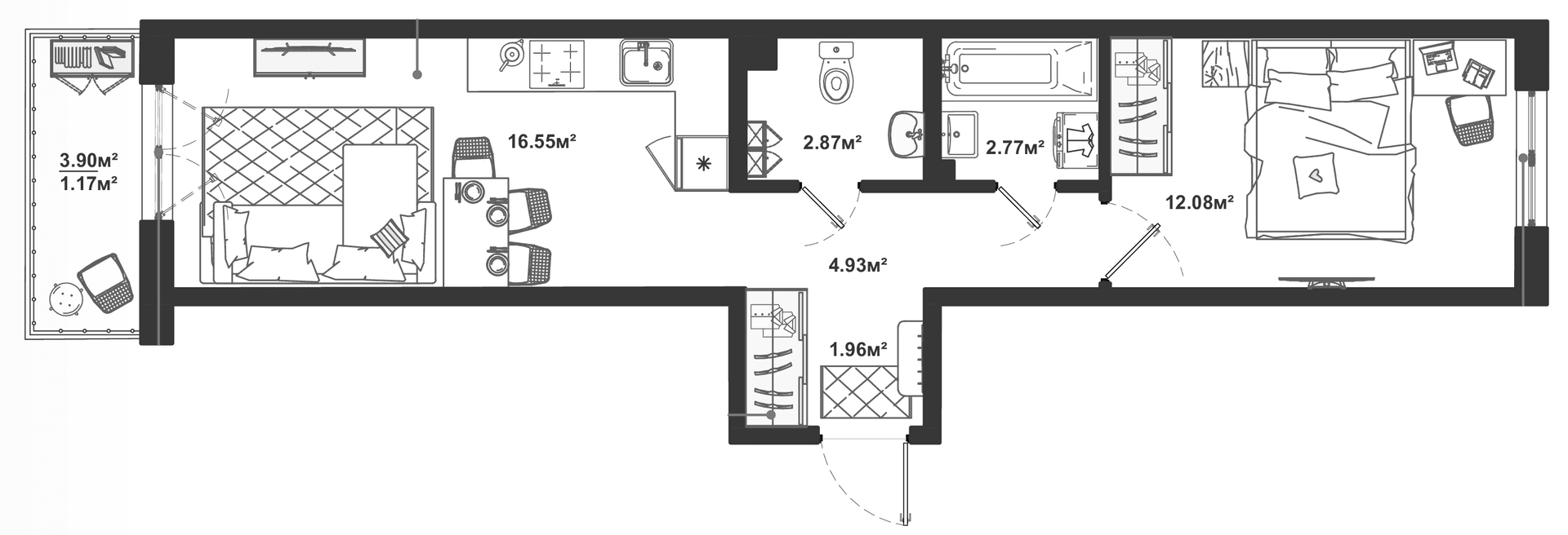 Планировка: Евродвушка 41,2 м² в ЖК «ЛесАрт»