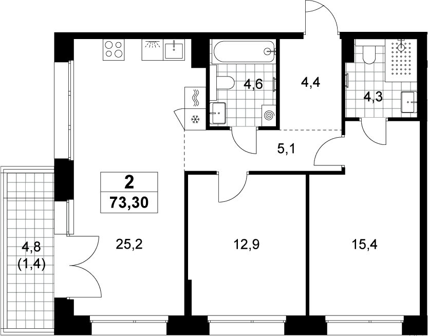 Планировка: Евротрёшка 71,9 м² в ЖК «Хольм»