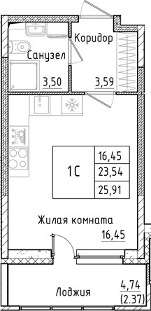 Планировка: Студия 23,5 м² в ЖК «Аквилон РекаПарк»