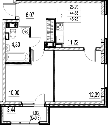 Планировка: 2-комнатная квартира 44,9 м² в ЖК «Город-спутник Южный»