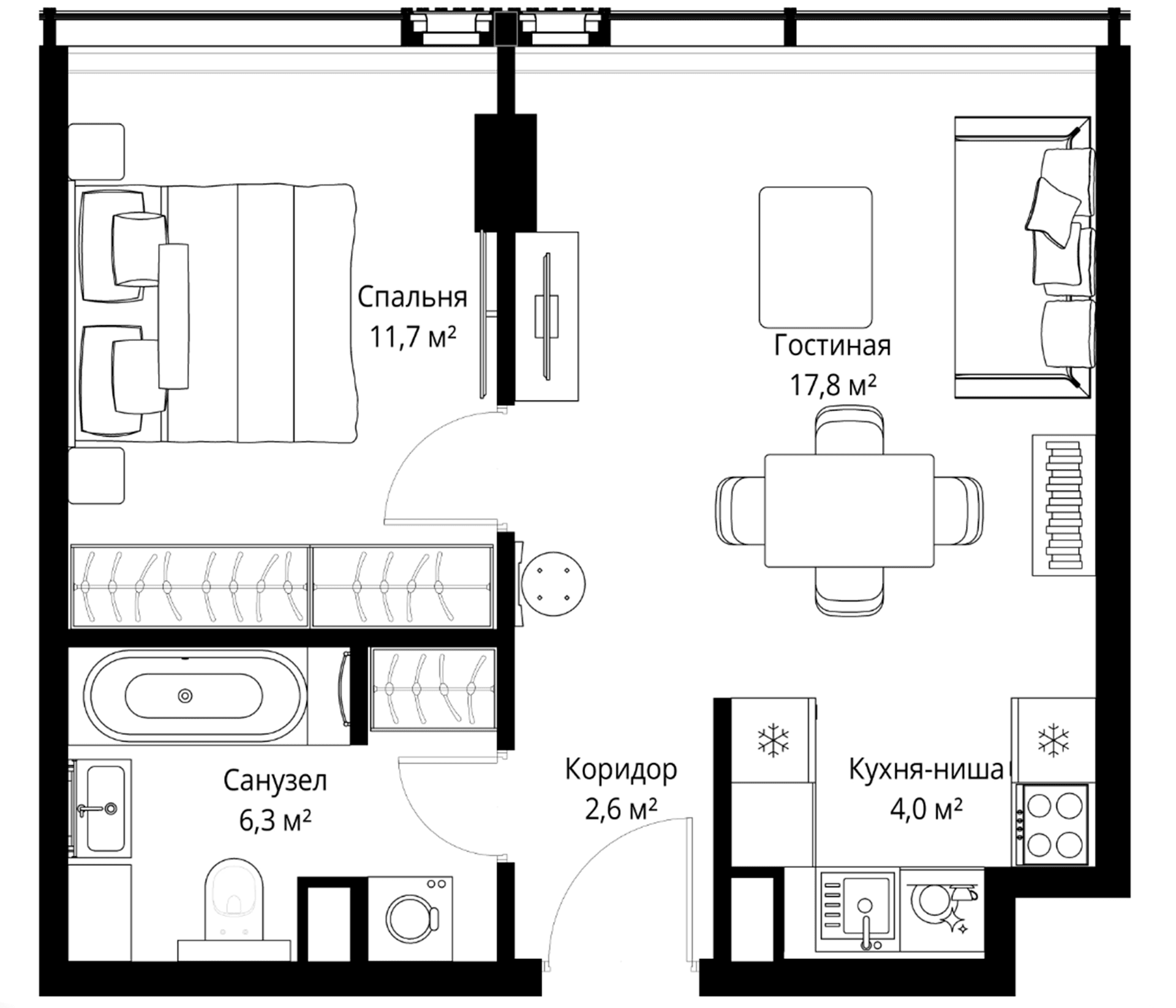 Планировка: Евродвушка 42,4 м² в ЖК «Слава»