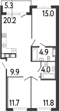 Планировка: Квартира евро-4 77,5 м² в ЖК «Передвижники»
