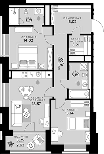 Планировка: Евротрёшка 74,2 м² в ЖК «СберСити»