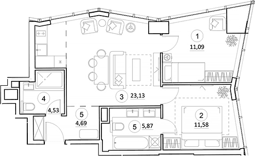 Планировка: Евротрёшка 60,6 м² в ЖК «УНО.Горбунова»