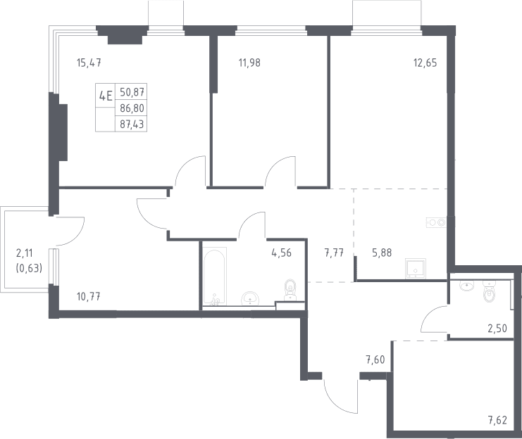 Планировка: Квартира евро-4 86,8 м² в ЖК «Пригород Лесное»