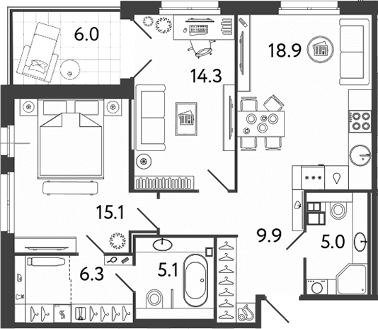Планировка: Евротрёшка 74,6 м² в ЖК «Репин»