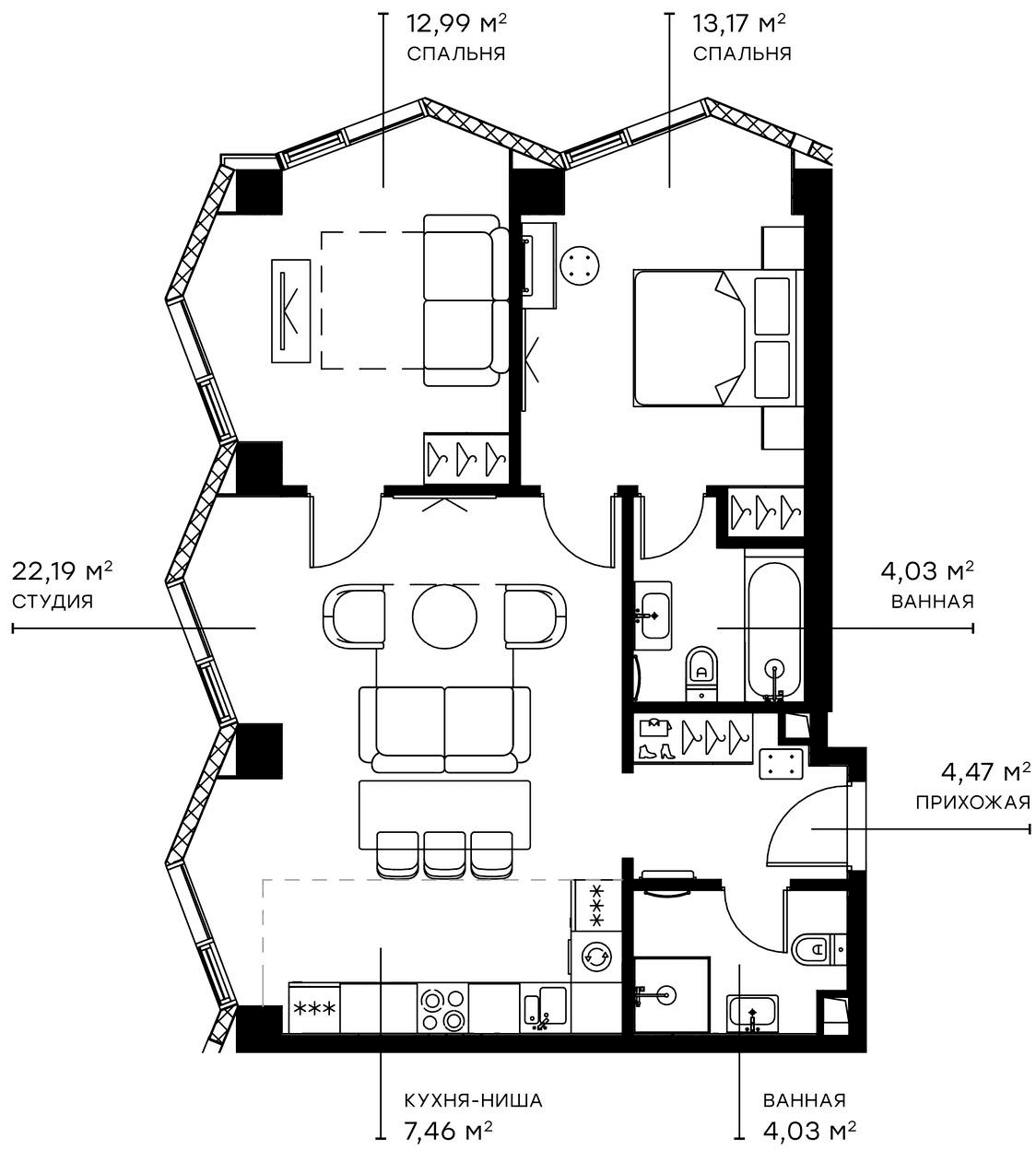Планировка: Евротрёшка 68,3 м² в ЖК «Симфония 34»