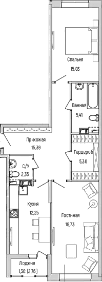 Планировка: 2-комнатная квартира 74,5 м² в ЖК «Рига Хиллс»