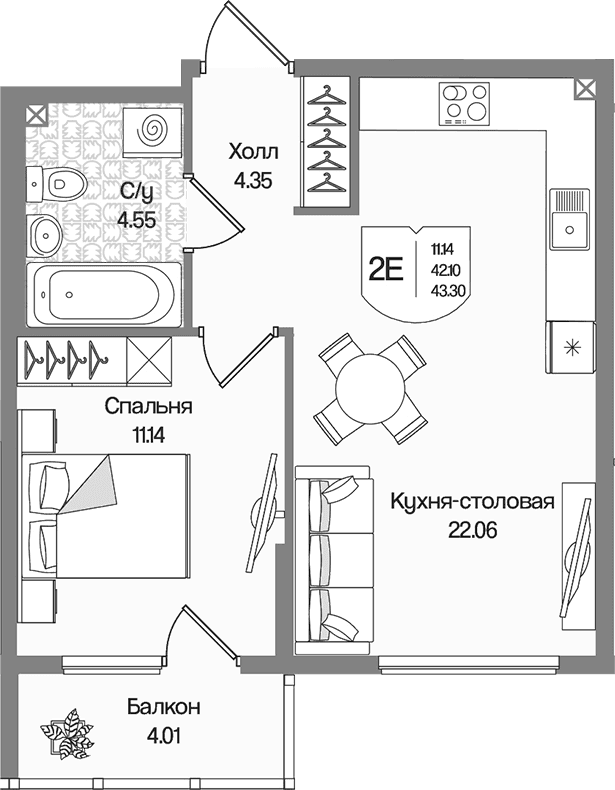 Планировка: Евродвушка 42,1 м² в ЖК «Охтинские высоты»