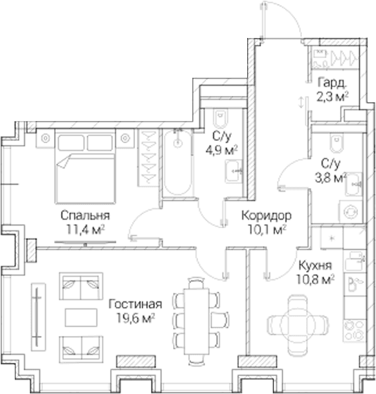 Планировка: 2-комнатная квартира 62,9 м² в ЖК «СЕЗАР БУДУЩЕЕ»