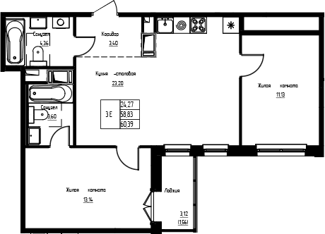 Планировка: Евротрёшка 58,8 м² в ЖК «Кронунг-Янино»