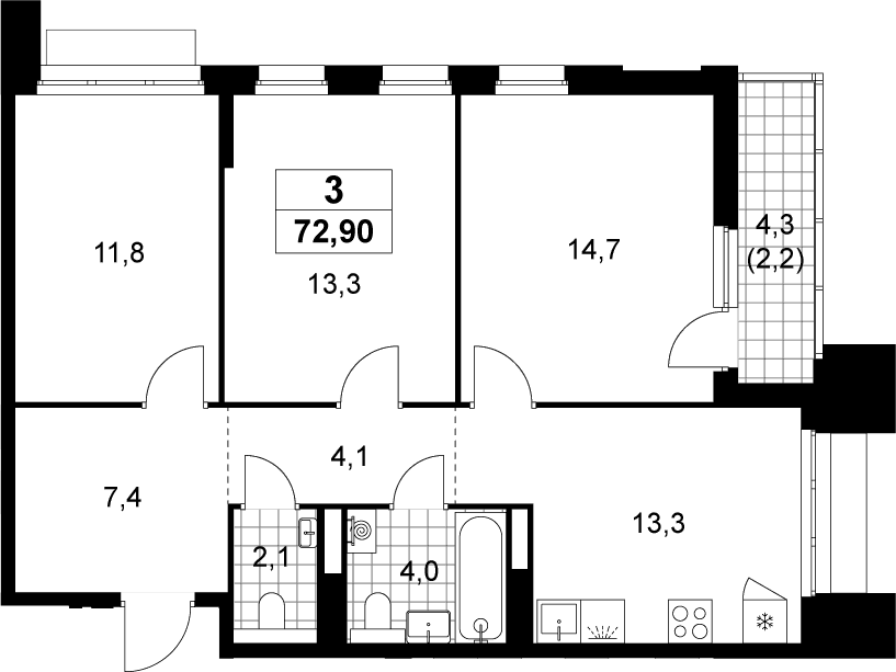 Планировка: 3-комнатная квартира 70,7 м² в ЖК «Деснаречье»