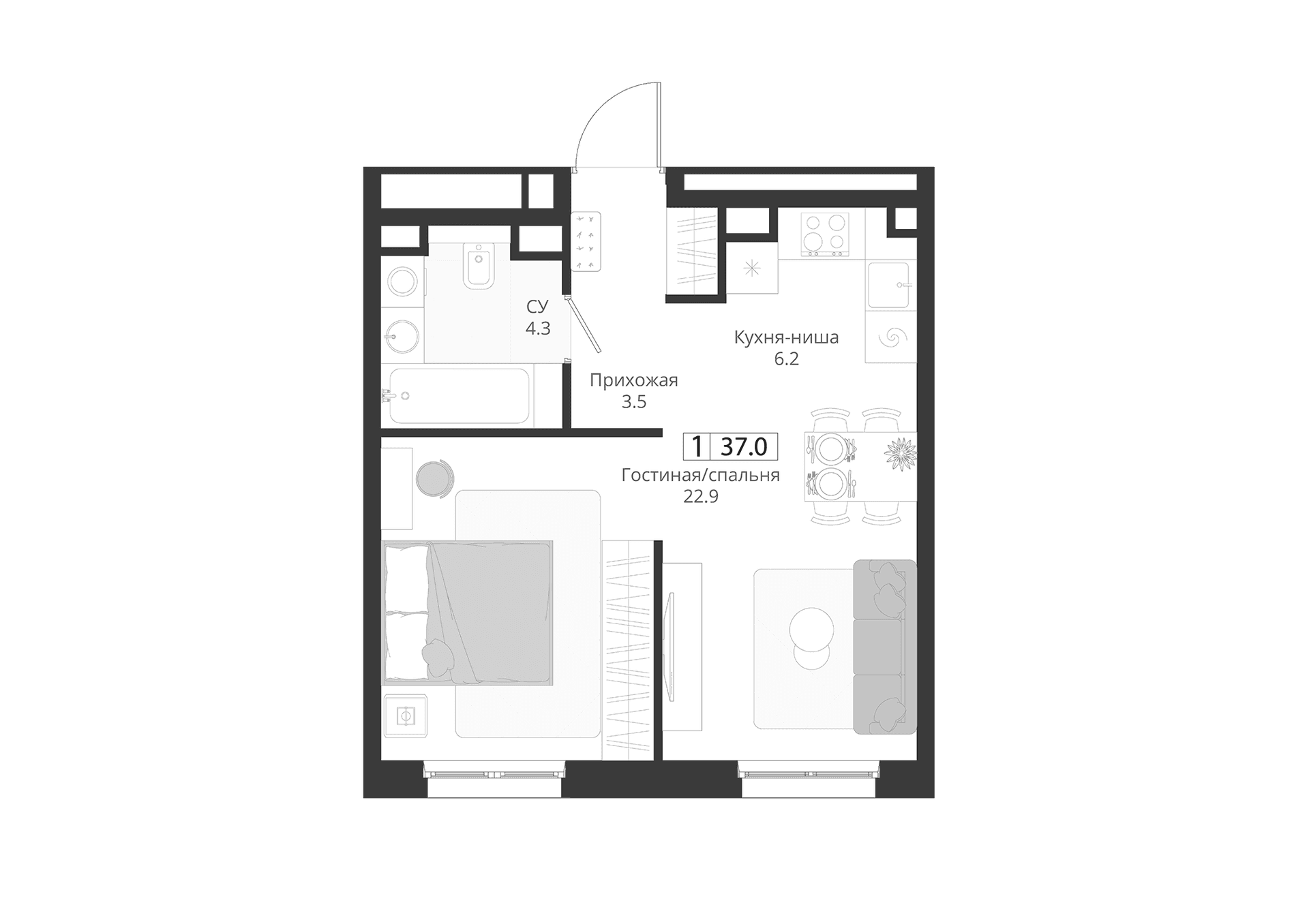 Планировка: Студия 37 м² в ЖК «ГРЭЙ»
