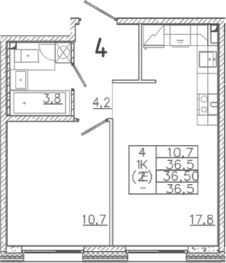 Планировка: Евродвушка 36,5 м² в ЖК «Лисино»